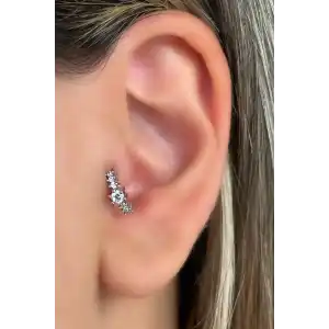 Gümüş Renk Taş Detaylı Çelik Halka Tragus/Kıkırdak Küpe/Piercing (Tek)