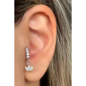 Gümüş Renk Taş Detaylı Çelik Halka Tragus/Kıkırdak Küpe/Piercing (Tek)