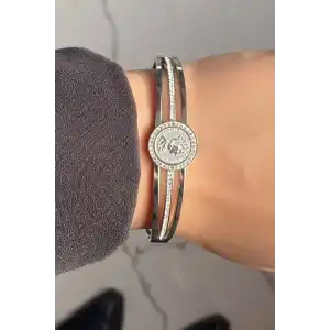 Gümüş Renk Taş Detaylı Çelik Kelepçe Bileklik