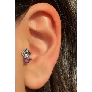 Gümüş Renk Taş Detaylı Çelik Tragus/Kıkırdak Küpe/Piercing (Tek)