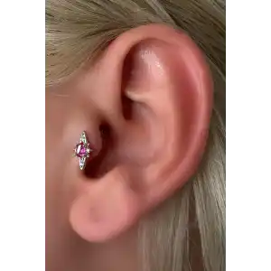 Gümüş Renk Taş Detaylı Çelik Tragus/Kıkırdak Küpe/Piercing (Tek)