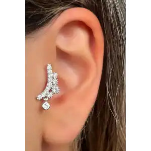 Gümüş Renk Taş Detaylı Çelik Tragus/Kıkırdak Küpe/Piercing (Tek)