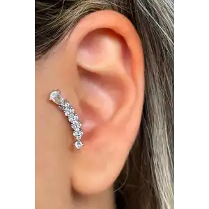 Gümüş Renk Taş Detaylı Çelik Tragus/Kıkırdak Küpe/Piercing (Tek)
