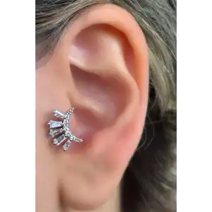 Gümüş Renk Taş Detaylı Çelik Tragus/Kıkırdak Küpe/Piercing (Tek)