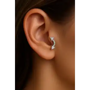 Gümüş Renk Taş Detaylı Çelik Tragus/Kıkırdak Küpe/Piercing (Tek)