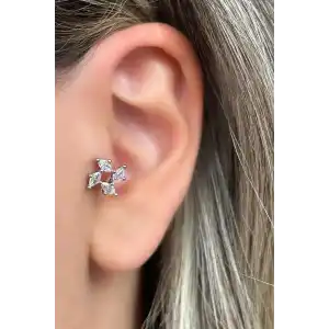 Gümüş Renk Taş Detaylı Çelik Tragus/Kıkırdak Küpe/Piercing (Tek)
