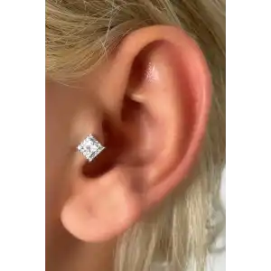 Gümüş Renk Taş Detaylı Çelik Tragus/Kıkırdak Küpe/Piercing (Tek)