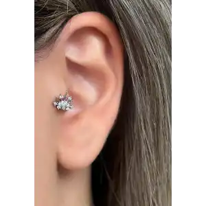 Gümüş Renk Taş Detaylı Çelik Tragus/Kıkırdak Küpe/Piercing (Tek)