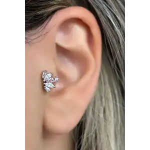 Gümüş Renk Taş Detaylı Çelik Tragus/Kıkırdak Küpe/Piercing (Tek)