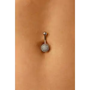Gümüş Renk Taş Detaylı Cerrahi Çelik Göbek Piercing