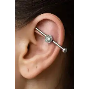 Gümüş Renk Taş Detaylı Cerrahi Çelik Köprü Piercing Küpe (Tek)