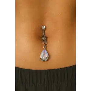 Gümüş Renk Taş Detaylı Delik Gerektirmeyen Cerrahi Çelik Göbek Piercing