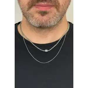 Gümüş Renk Taş Detaylı Erkek İkili Zincir Çelik Kolye