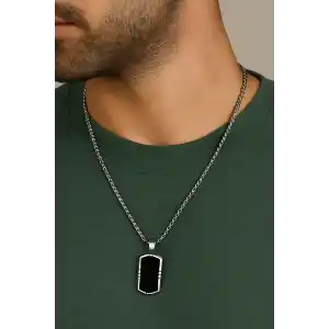 Gümüş Renk Taş Detaylı Erkek Zincir Çelik Kolye (60cm)