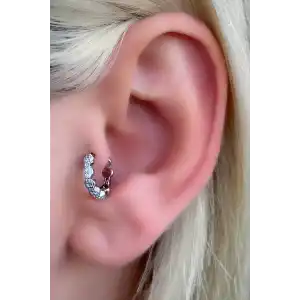 Gümüş Renk Taş Detaylı Halka Çelik Tragus/Kıkırdak Küpe/Piercing (Tek)