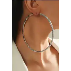 Gümüş Renk Taş Detaylı Halka Küpe 120Mm (Çift