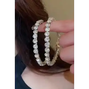 Gümüş Renk Taş Detaylı Halka Küpe 40Mm (Çift)