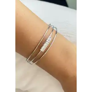 Gümüş Renk Taş Detaylı Kelepçe Bileklik