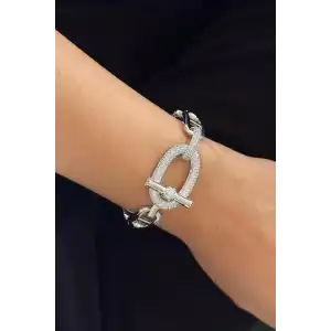 Gümüş Renk Taş Detaylı Kelepçe Bileklik