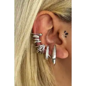 Gümüş Renk Taş Detaylı Kulak Aksesuarı (Tek)