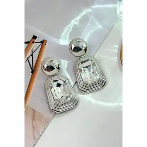 Gümüş Renk Taş Detaylı Küpe (Çift)