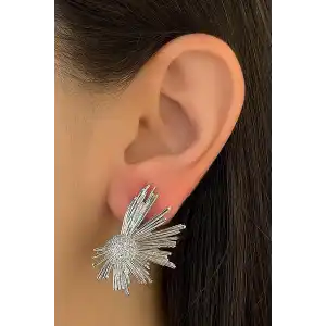 Gümüş Renk Taş Detaylı Küpe (Çift)