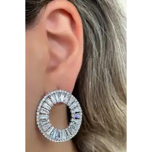 Gümüş Renk Taş Detaylı Küpe (Çift)