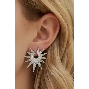 Gümüş Renk Taş Detaylı Küpe (Çift)