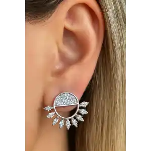 Gümüş Renk Taş Detaylı Metal Küpe (Çift)