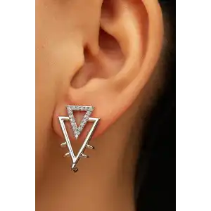 Gümüş Renk Taş Detaylı Metal Küpe (Çift)