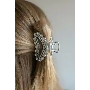 Gümüş Renk Taş Detaylı Mini Metal Mandal Toka