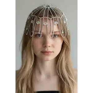 Gümüş Renk Taş Detaylı Saç Aksesuarı/Kına Aksesuarı