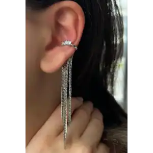 Gümüş Renk Taş Detaylı Sallantılı Ear Cuff (Tek)