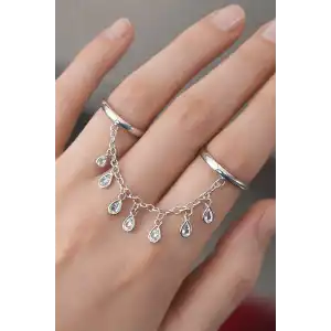 Gümüş Renk Taş Detaylı Sallantılı İkili Ayarlanabilir Yüzük