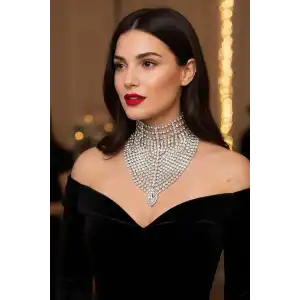 Gümüş Renk Taş Detaylı Tasarım Abiye Kolye