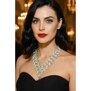 Gümüş Renk Taş Detaylı Tasarım Abiye Kolye