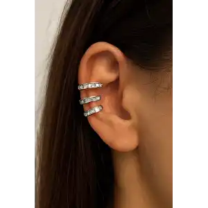 Gümüş Renk Taş Detaylı Üçlü Görünümlü Ear Cuff (Tek)