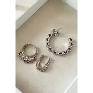 Gümüş Renk Taş Detaylı VİP 3lü YSX Halka Küpe Set