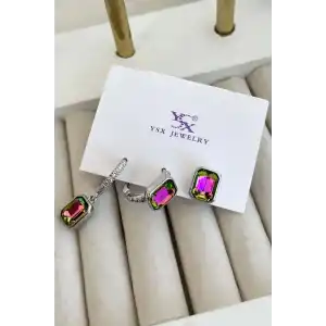 Gümüş Renk Taş Detaylı VİP 3lü YSX Küpe Set