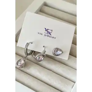 Gümüş Renk Taş Detaylı VİP 3lü YSX Küpe Set