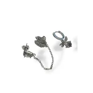 Gümüş Renk Taş Detaylı VİP 3lü YSX Küpe Set