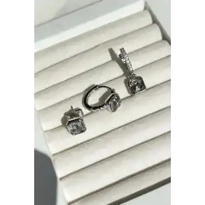 Gümüş Renk Taş Detaylı VİP 3lü YSX Küpe Set