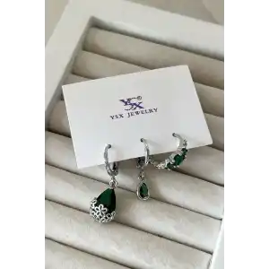 Gümüş Renk Taş Detaylı VİP 3lü YSX Küpe Set
