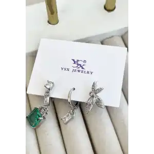 Gümüş Renk Taş Detaylı VİP 3lü YSX Küpe Set
