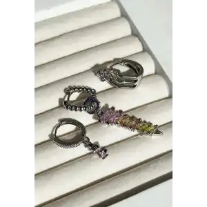 Gümüş Renk Taş Detaylı VİP 3lü YSX Küpe Set