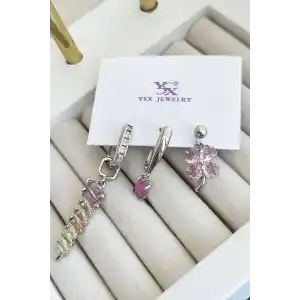 Gümüş Renk Taş Detaylı VİP 3lü YSX Küpe Set