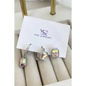 Gümüş Renk Taş Detaylı VİP 3lü YSX Küpe Set