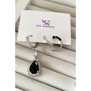Gümüş Renk Taş Detaylı VİP 3lü YSX Küpe Set
