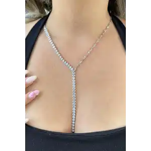 Gümüş Renk Taş Detaylı Y Kolye