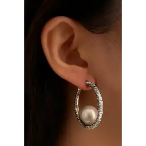 Gümüş Renk Taş Ve İnci Detaylı Halka Küpe (Çift)